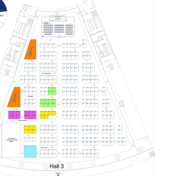 Hall 3 · مخطط منطقة AI Summit وAI Pavilion وVIP Lounge وBiz-Matching وشبكة أجنحة 3 × 3 م